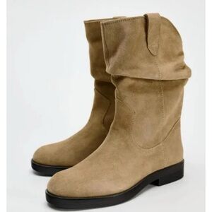 Zara FLAT SPLIT LEATHER HIGH TOPS Booties in DARK TAN Size 7.5 ~ NWT